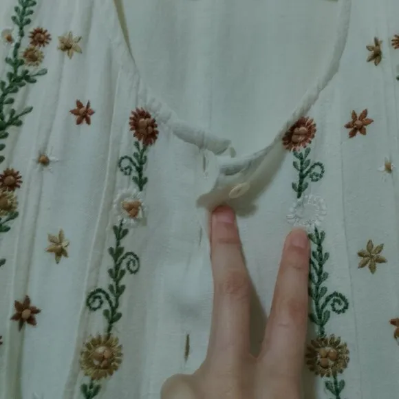 Vintage Linen Blend Embroidered Buttonfront Nightgown Dress Duster Cardigan