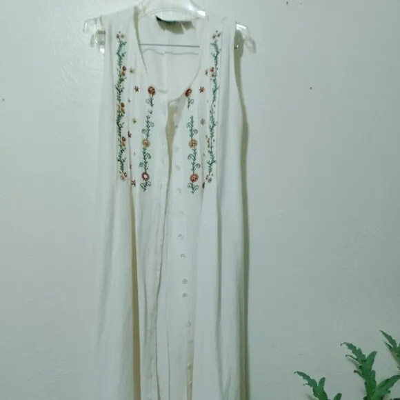 Vintage Linen Blend Embroidered Buttonfront Nightgown Dress Duster Cardigan