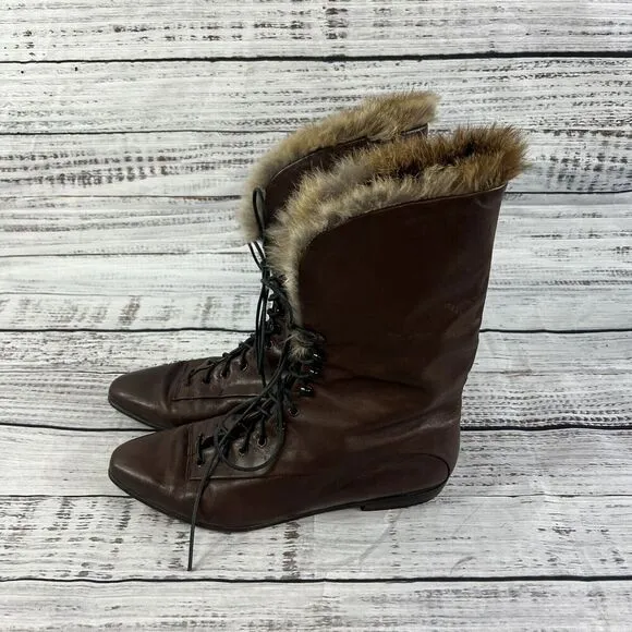 Vintage Made In Italy Ladies Brown Leather Tie Up Ankle Boots w/ Fur size 8 N
