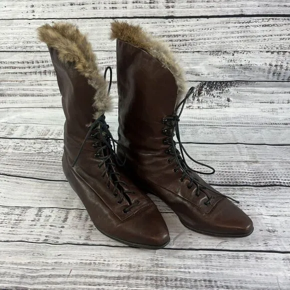 Vintage Made In Italy Ladies Brown Leather Tie Up Ankle Boots w/ Fur size 8 N