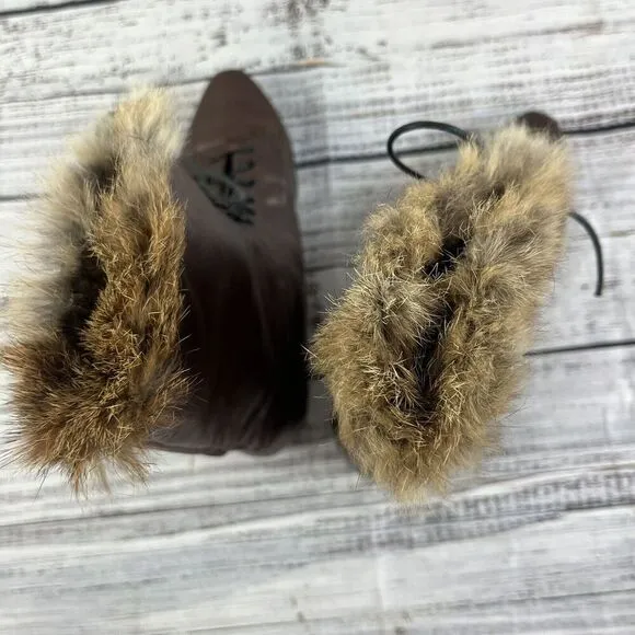 Vintage Made In Italy Ladies Brown Leather Tie Up Ankle Boots w/ Fur size 8 N