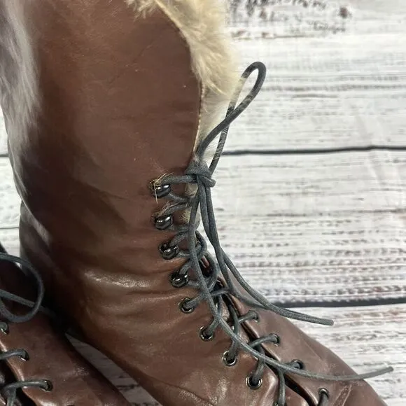 Vintage Made In Italy Ladies Brown Leather Tie Up Ankle Boots w/ Fur size 8 N
