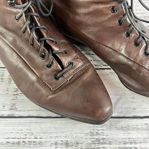 Vintage Made In Italy Ladies Brown Leather Tie Up Ankle Boots w/ Fur size 8 N