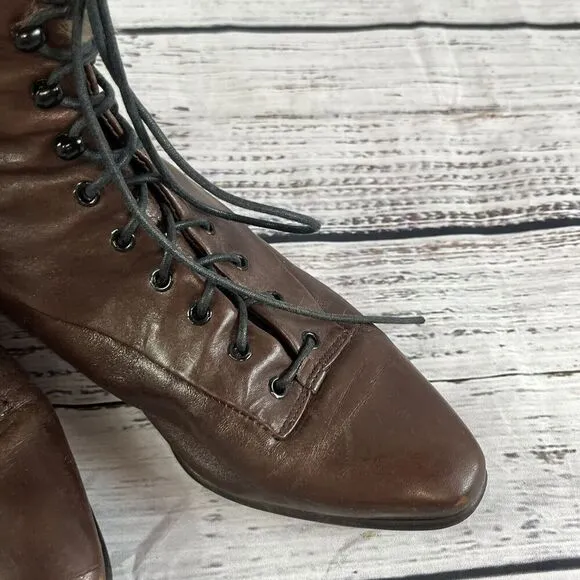 Vintage Made In Italy Ladies Brown Leather Tie Up Ankle Boots w/ Fur size 8 N
