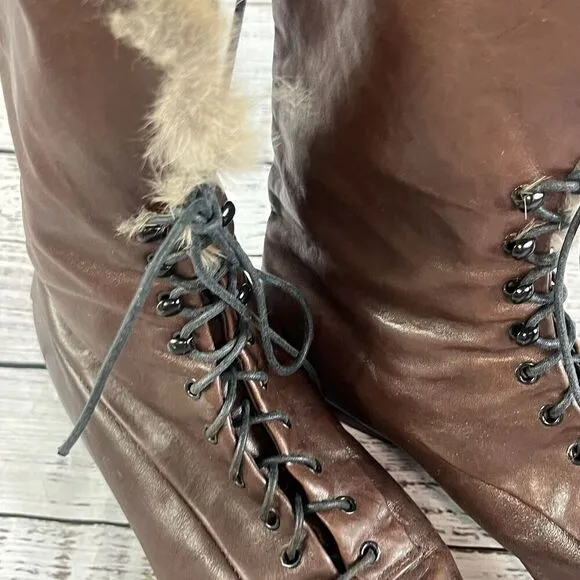 Vintage Made In Italy Ladies Brown Leather Tie Up Ankle Boots w/ Fur size 8 N