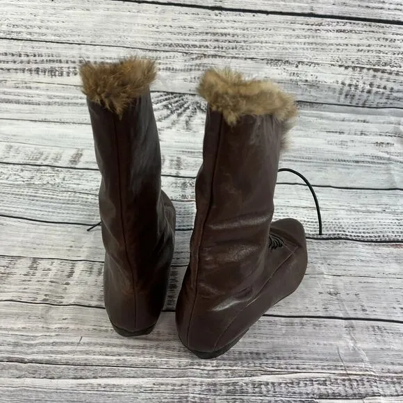 Vintage Made In Italy Ladies Brown Leather Tie Up Ankle Boots w/ Fur size 8 N