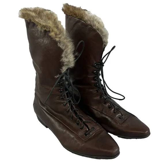 Vintage Made In Italy Ladies Brown Leather Tie Up Ankle Boots w/ Fur size 8 N