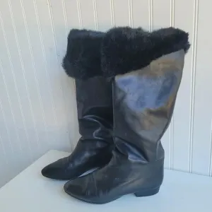 Vintage RARE Nordstrom MADE IN ITALY Womens Black Leather Boots Rabbit Fur 38.5