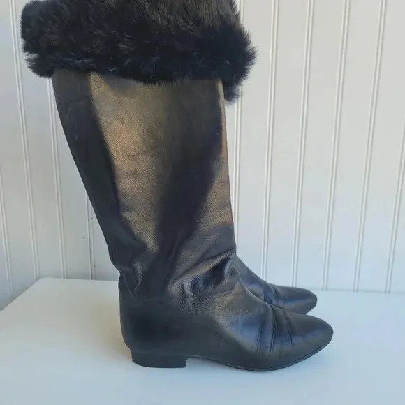 Vintage RARE Nordstrom MADE IN ITALY Womens Black Leather Boots Rabbit Fur 38.5