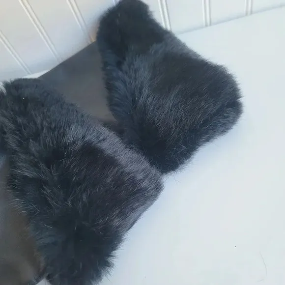 Vintage RARE Nordstrom MADE IN ITALY Womens Black Leather Boots Rabbit Fur 38.5