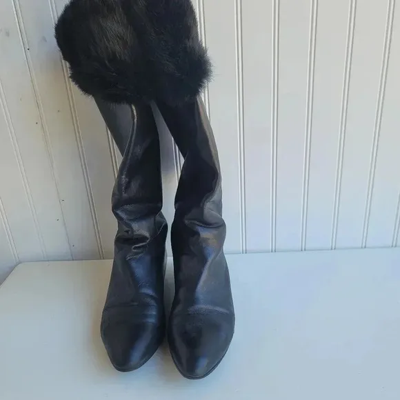 Vintage RARE Nordstrom MADE IN ITALY Womens Black Leather Boots Rabbit Fur 38.5