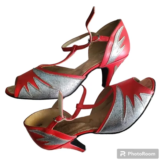 Vintage red silver leather heel dance heels  6