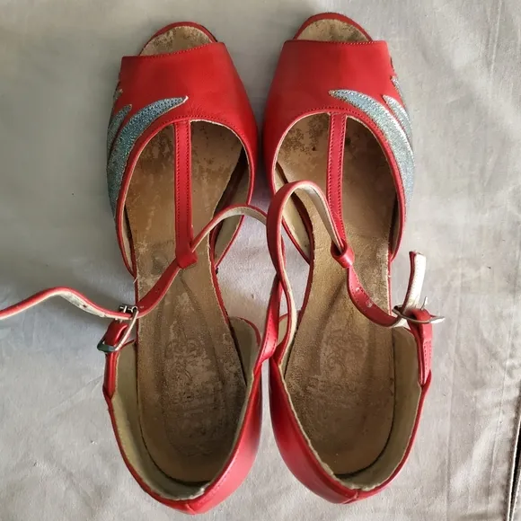 Vintage red silver leather heel dance heels  6