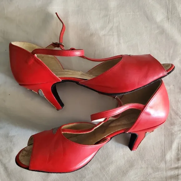 Vintage red silver leather heel dance heels  6