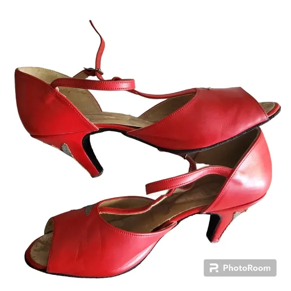 Vintage red silver leather heel dance heels  6