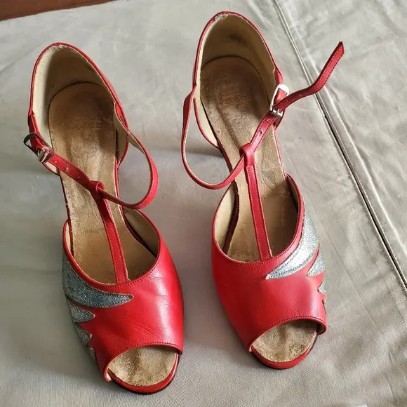 Vintage red silver leather heel dance heels  6