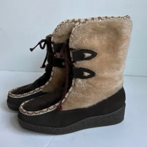 Vintage Snowland brown sherpa faux fur wedge lace up snow winter boots boho