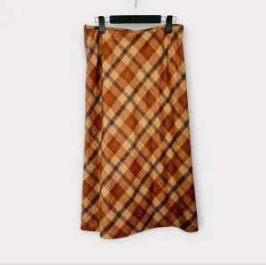 Vintage Soft Wool Brown Tartan Plaid High Waisted A-Line Midi Blanket Skirt M
