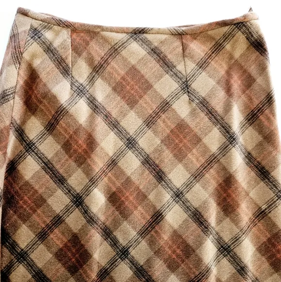 Vintage Soft Wool Brown Tartan Plaid High Waisted A-Line Midi Blanket Skirt M