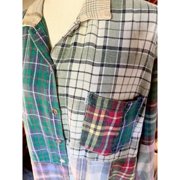 Vintage Sundance Women's Plaid Patchwork Shirt Dress S 100% Cotton Long Sleeve B