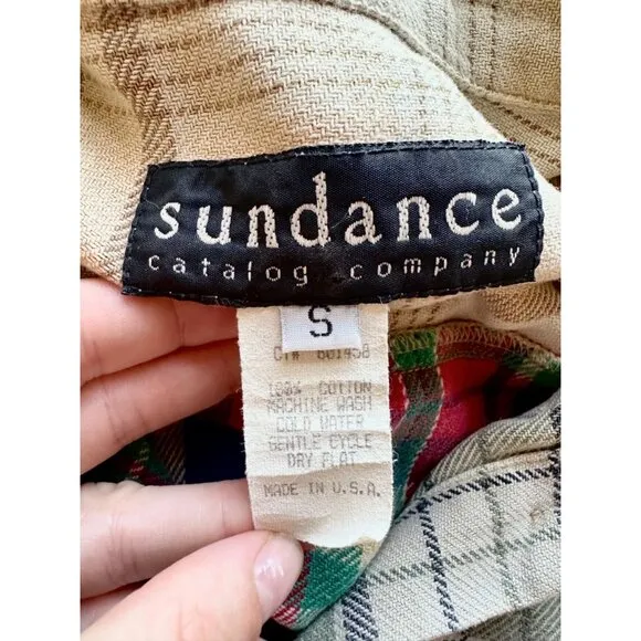Vintage Sundance Women's Plaid Patchwork Shirt Dress S 100% Cotton Long Sleeve B