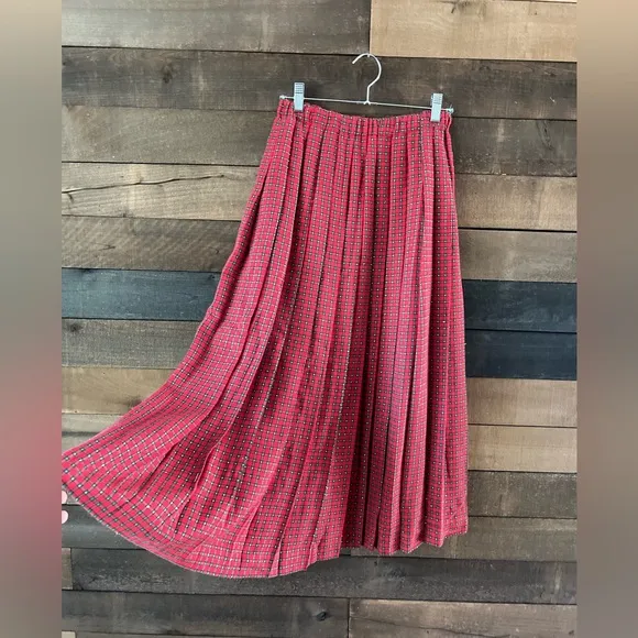 Vintage Talbots Red &amp; Green Plaid Sparkly Pleated Holiday Skirt Made In U.S.A
