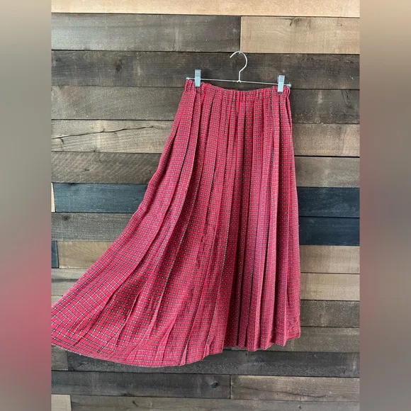 Vintage Talbots Red &amp; Green Plaid Sparkly Pleated Holiday Skirt Made In U.S.A
