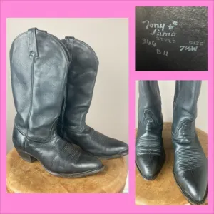 Vintage Tony Lama Black Leather Cowboy Boots