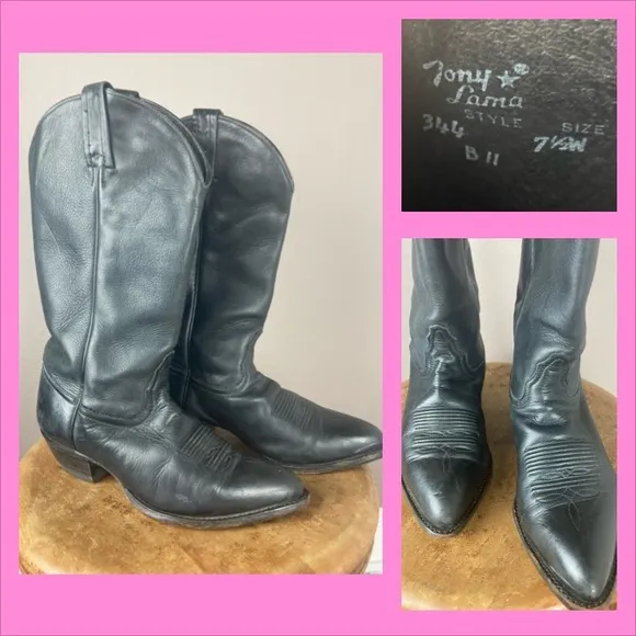 Vintage Tony Lama Black Leather Cowboy Boots