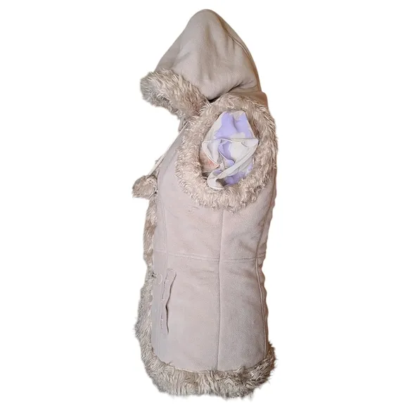 Vintage Y2K GARAGE Size Small Tan Shaggy Faux Fur Lined Hooded Vest Toggles
