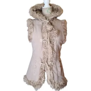 Vintage Y2K GARAGE Size Small Tan Shaggy Faux Fur Lined Hooded Vest Toggles