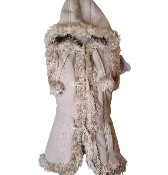 Vintage Y2K GARAGE Size Small Tan Shaggy Faux Fur Lined Hooded Vest Toggles
