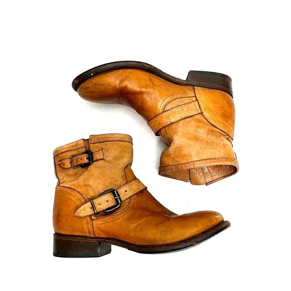 Vintage Y2K tan leather dual buckle pull on heeled ankle boots
