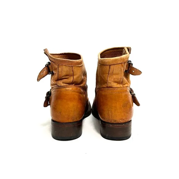 Vintage Y2K tan leather dual buckle pull on heeled ankle boots