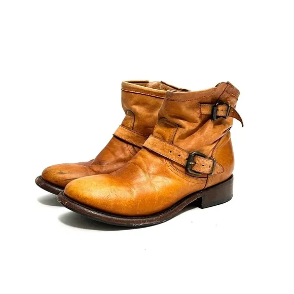Vintage Y2K tan leather dual buckle pull on heeled ankle boots