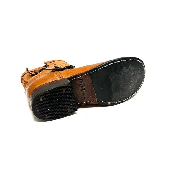 Vintage Y2K tan leather dual buckle pull on heeled ankle boots