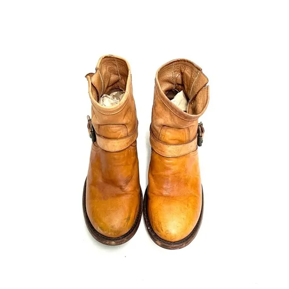 Vintage Y2K tan leather dual buckle pull on heeled ankle boots