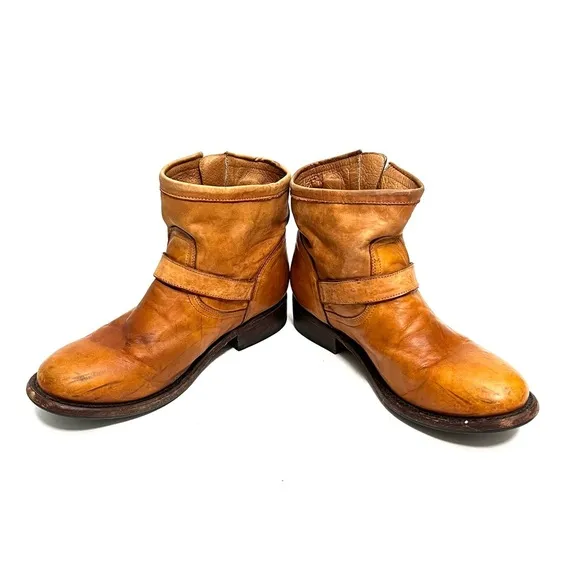 Vintage Y2K tan leather dual buckle pull on heeled ankle boots