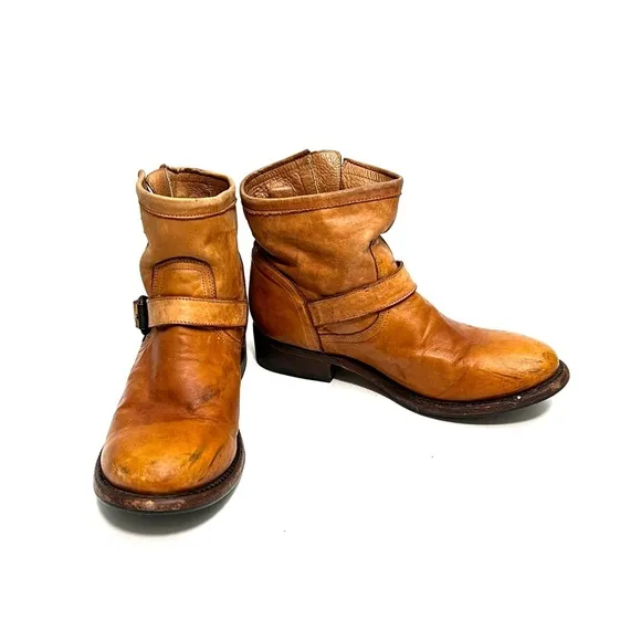 Vintage Y2K tan leather dual buckle pull on heeled ankle boots