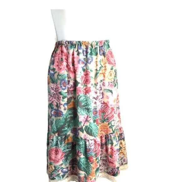 Vintage Prairie Floral Ruffle Midi Skirt XS
