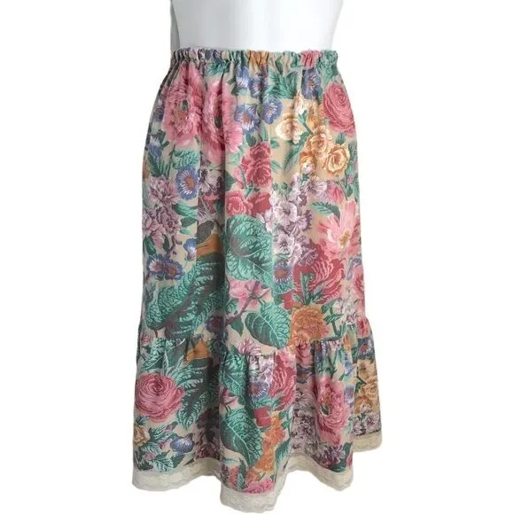 Vintage Prairie Floral Ruffle Midi Skirt XS