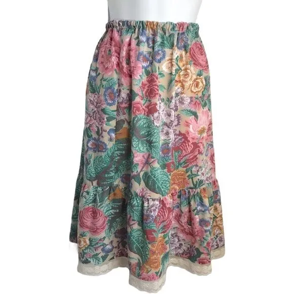 Vintage Prairie Floral Ruffle Midi Skirt XS