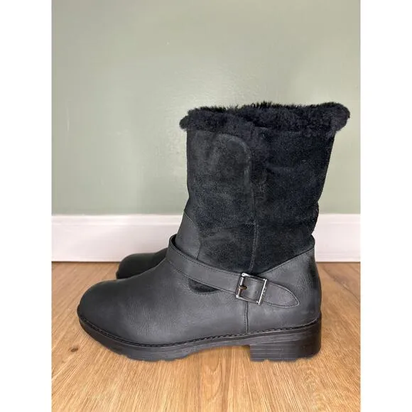 Vionic Women’s 9 Boots Leather Shearling Black Pull On Buckle Warm Arch Support
