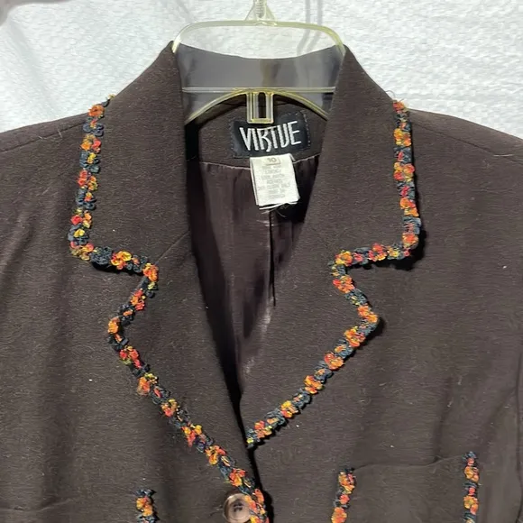 Virtue 10 chocolate brown wool pockets lined orange floral detail vintage wuc