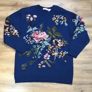 Vtg 90’s Liz Claiborne Sweater Size Small Tapestry Floral Blue Multicolor