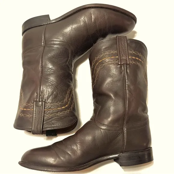 VTG JUSTIN ROPER BROWN CORONA LEATHER ALMOND TOE WESTERN COWBOY BOOTS Sz8.5EE