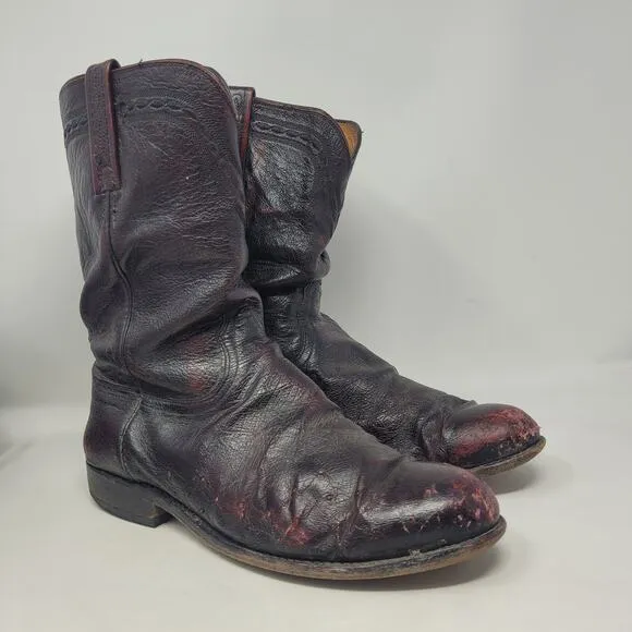 VTG Lucchese Boots 10EE Black Cherry Smooth Ostrich Goat Leather Western Cowboy