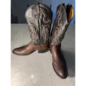 VTG Tony Lama Men's Brown Western Boots Teju Lizard Leather Size 11 B Gold Label
