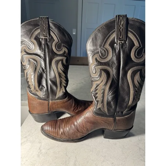 VTG Tony Lama Men's Brown Western Boots Teju Lizard Leather Size 11 B Gold Label