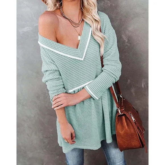 Waffle V Neck Tunic Peplum Flowy Swing Loose Long Sleeve Sweater Lake Green S